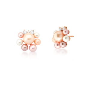 Brinco Botão Pérola Shell Três Tons Com Zircônia  Banhado A Ouro Rosé
