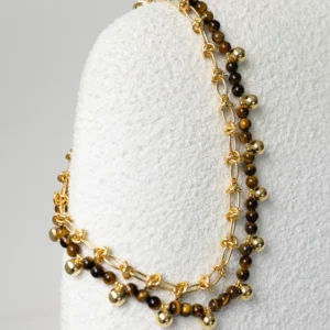 Colar Olho De Tigre Com Esfera Lisa Banhado A Ouro 40Cm