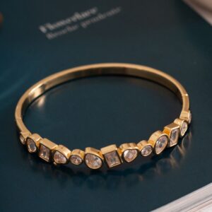 Bracelete Coração Gota Retângulo E Esfera Em Zircônia Banhado A Ouro