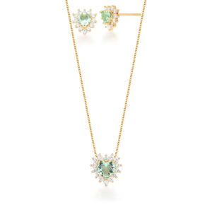 Conjunto Ponto De Luz Coração Cravejado Em Zircônia Verde Banhado A Ouro 45Cm