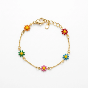 Pulseira Kids Flores Coloridas Banhado A Ouro 13Cm