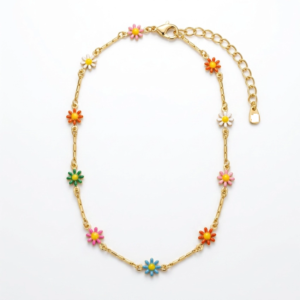 Colar Kids Flores Coloridas Banhado A Ouro 35Cm